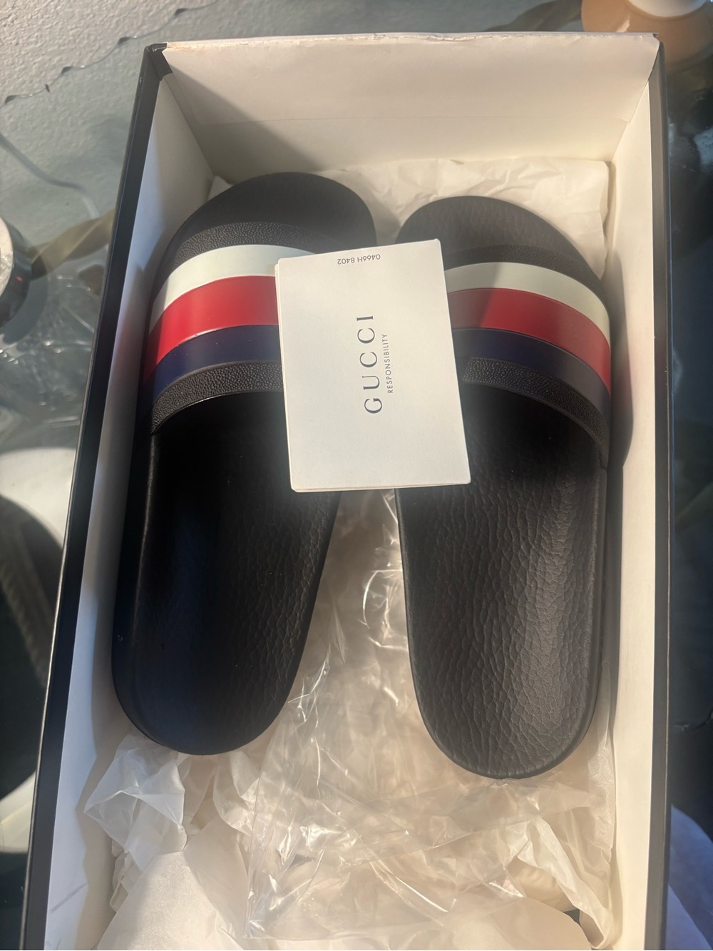 Gucci Black Slide Sandals with Red-White-Blue Stripes